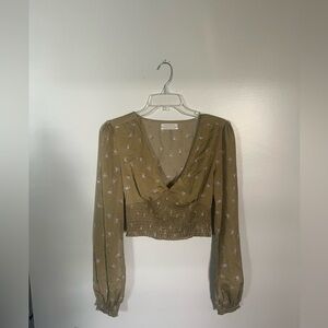 Urban Outfitters Olive Floral V-Neck Smocked Waist Blouse